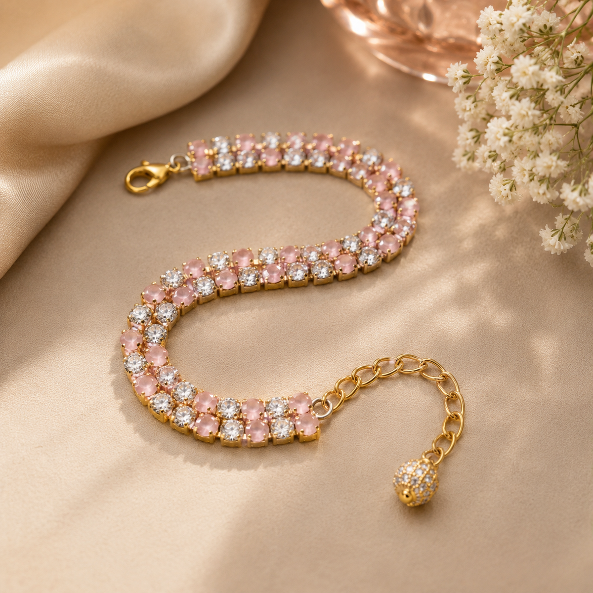 Roselle Pink Crystal Gold Bracelet for Women | Anti-Tarnish | House of HNS