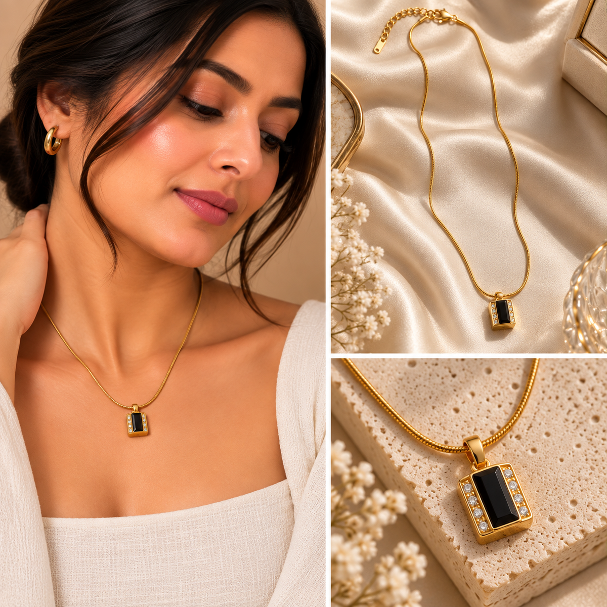 Onyxia Black Stone Gold Pendant Necklace for Women | House of HNS