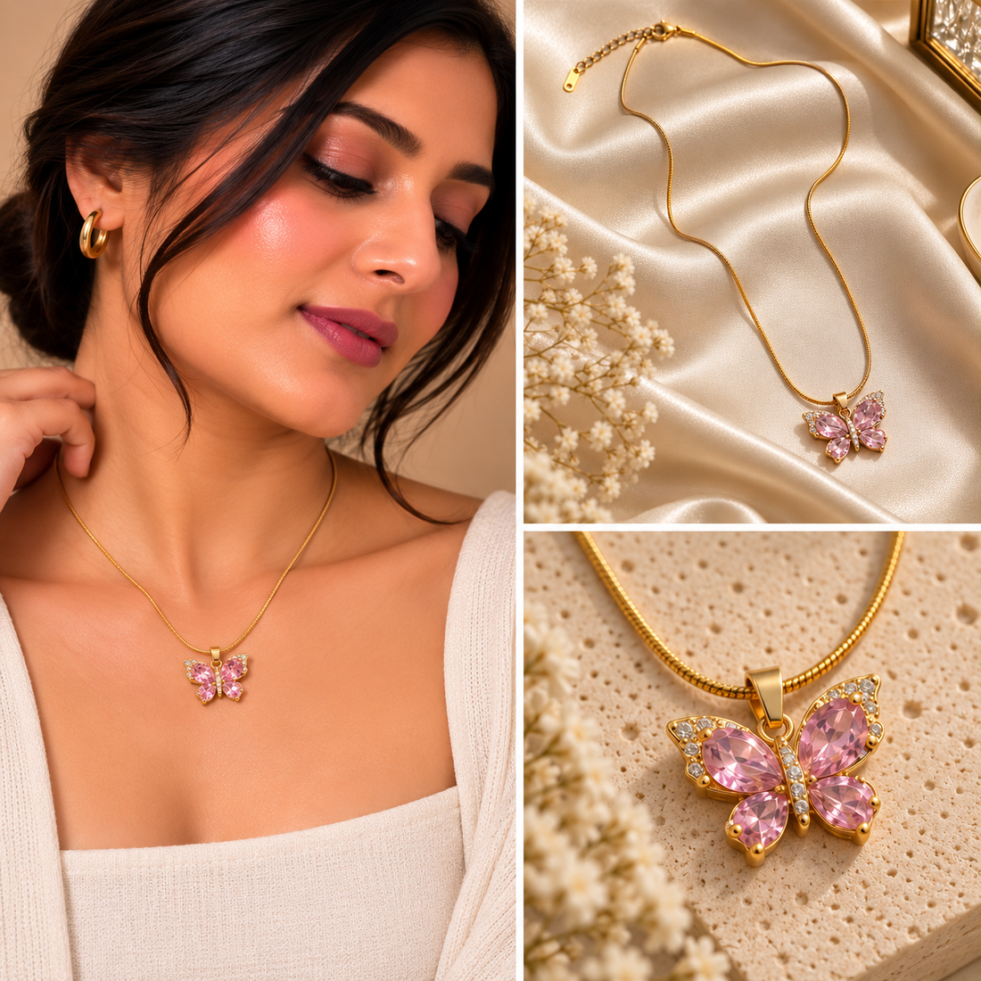 Butterelle Pink Butterfly Gold Necklace for Women