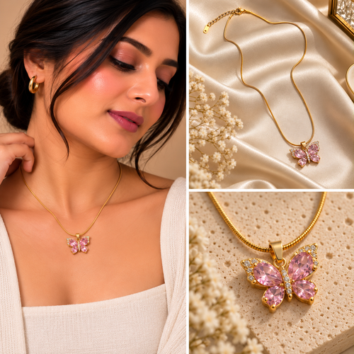 Butterelle Pink Butterfly Gold Necklace for Women | House of HNS