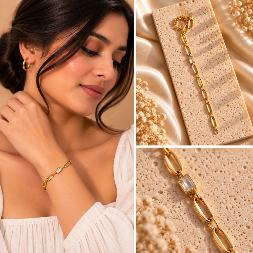 Elara Gold Link Bracelet for Women | Crystal Accent Bracelet | House of HNS
