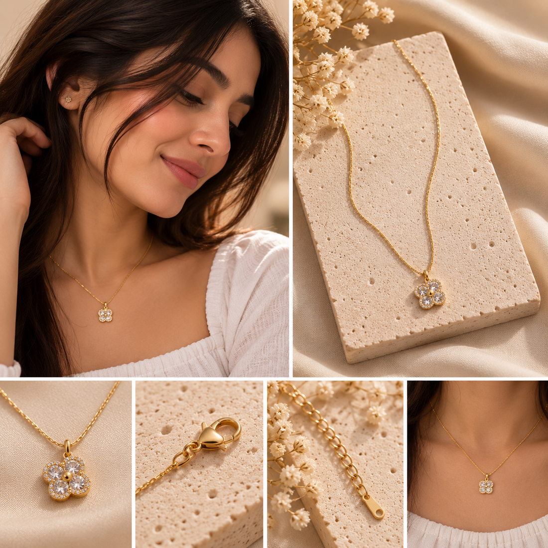 Noelle Black Floral Gold Necklace for Women | Crystal Pendant