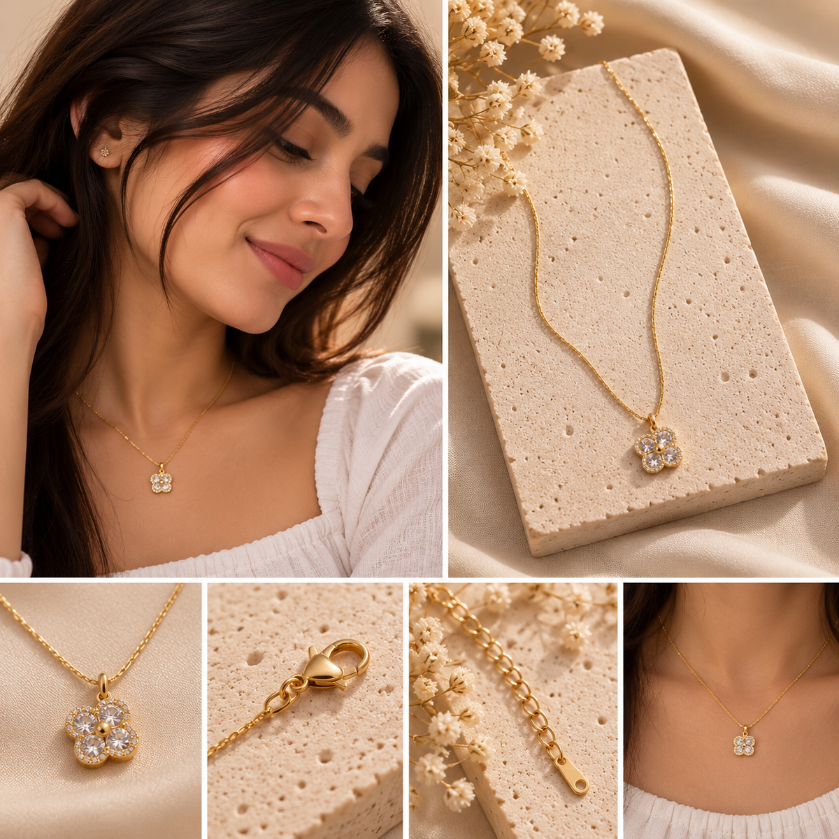 Noelle Black Floral Gold Necklace for Women | Crystal Pendant