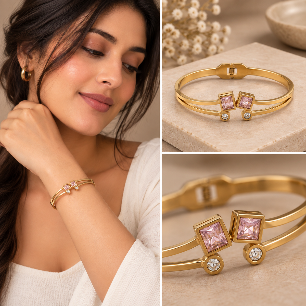 Roselle Pink Stone Gold Bracelet for Women | Anti-Tarnish