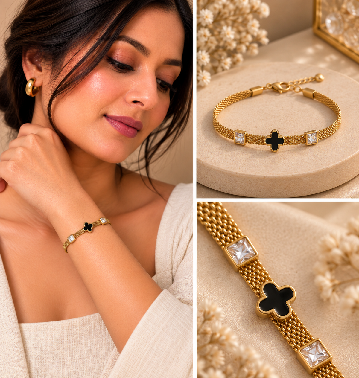 Noirelle Black Clover Gold Bracelet for Women
