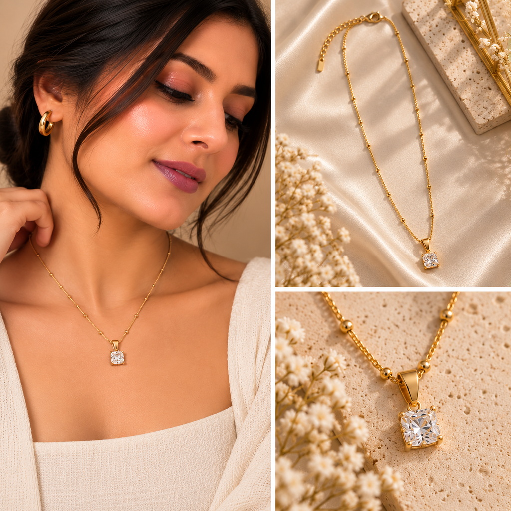 Celestia Gold Pendant Necklace for Women with Clear Stone | House of HNS
