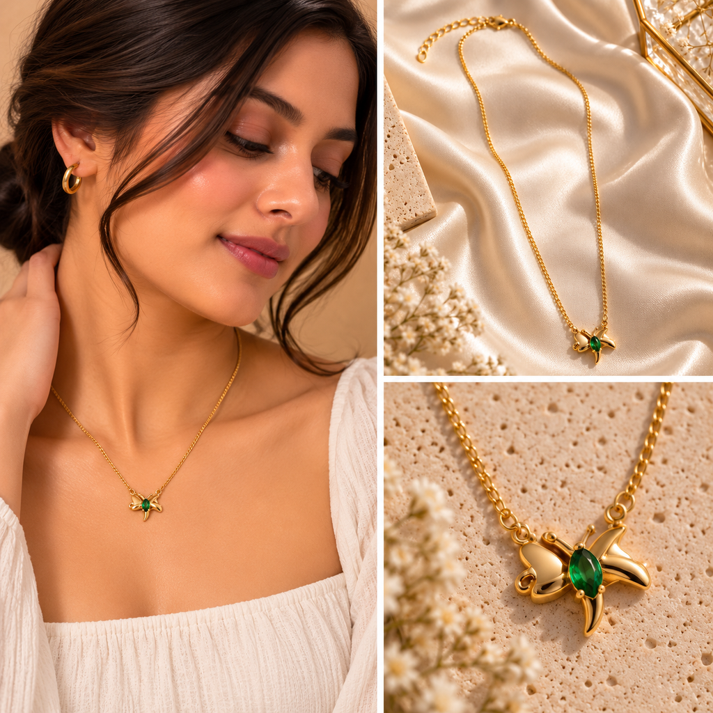 Emerelle Green Stone Gold Necklace for Women | Botanical Pendant | House of HNS