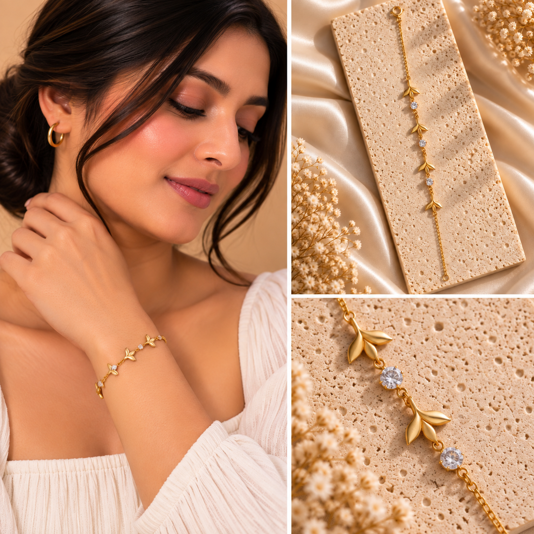 Florielle Gold Leaf Bracelet for Women | Crystal Floral Bracelet