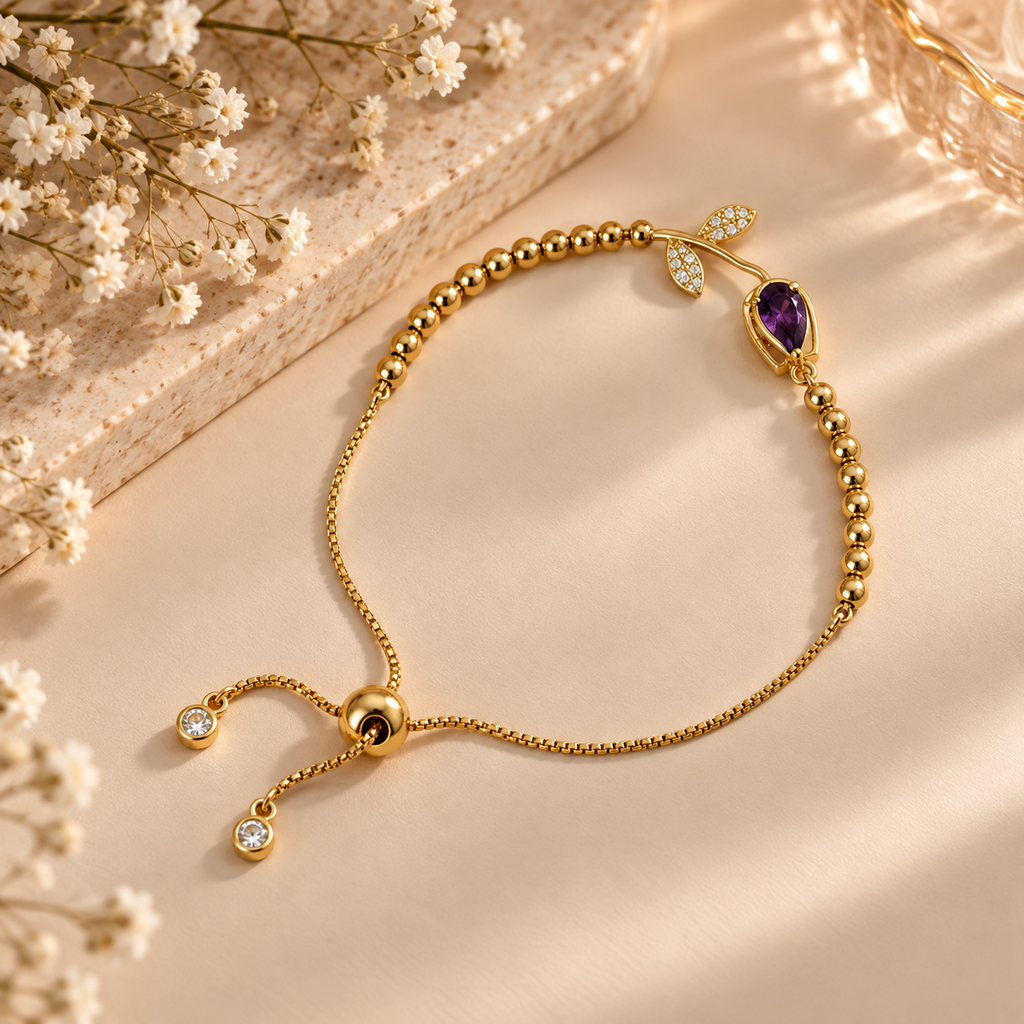 Aarohi Purple Stone Adjustable Bracelet | 18K Gold Anti-Tarnish