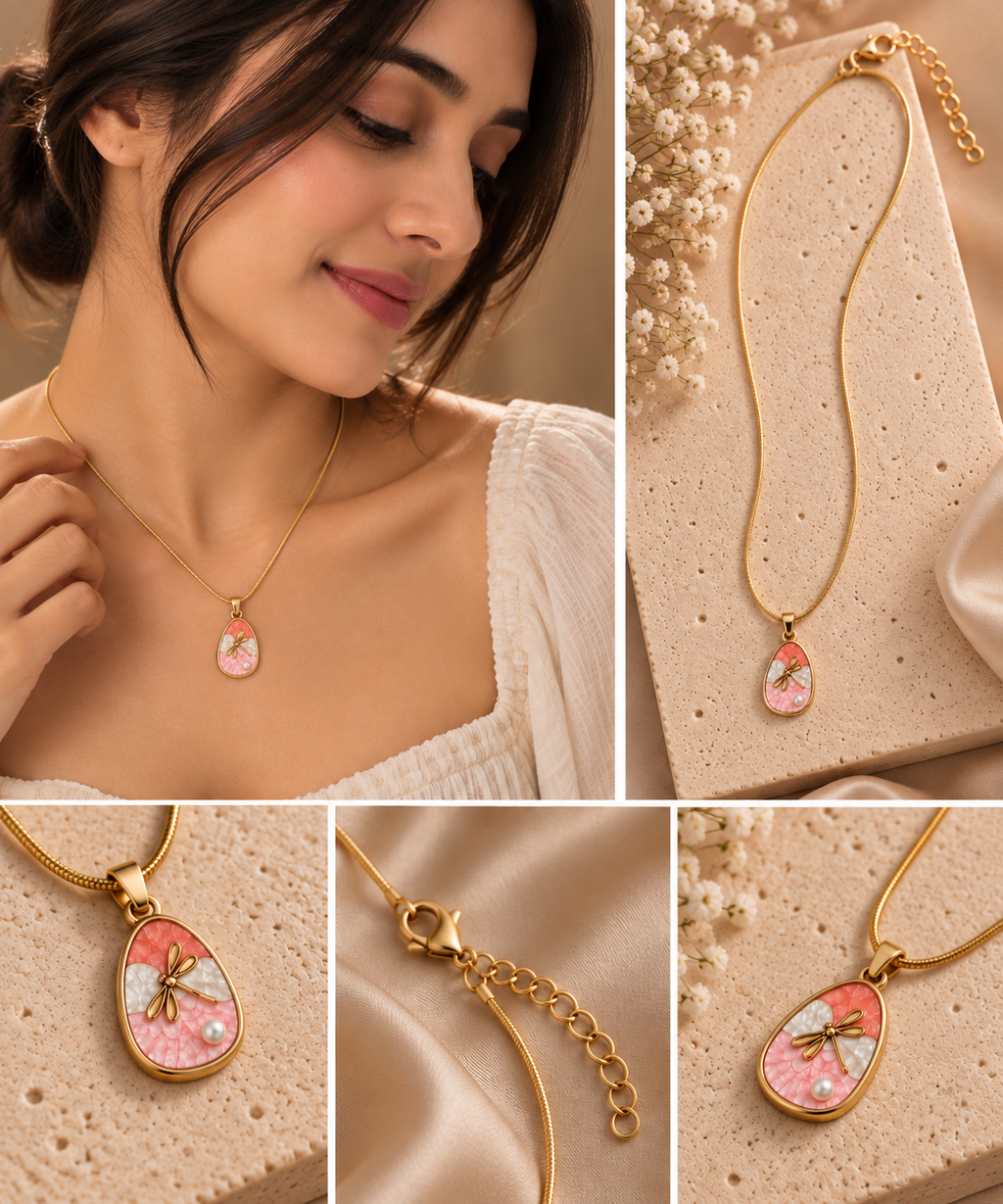 Calevia Bloom Pendant Necklace | Gold Coated Pink & Pearl | House of HNS