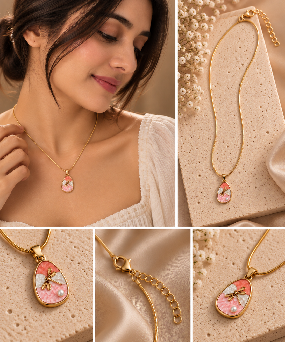 Calevia Bloom Pendant Necklace | Gold Coated Pink & Pearl