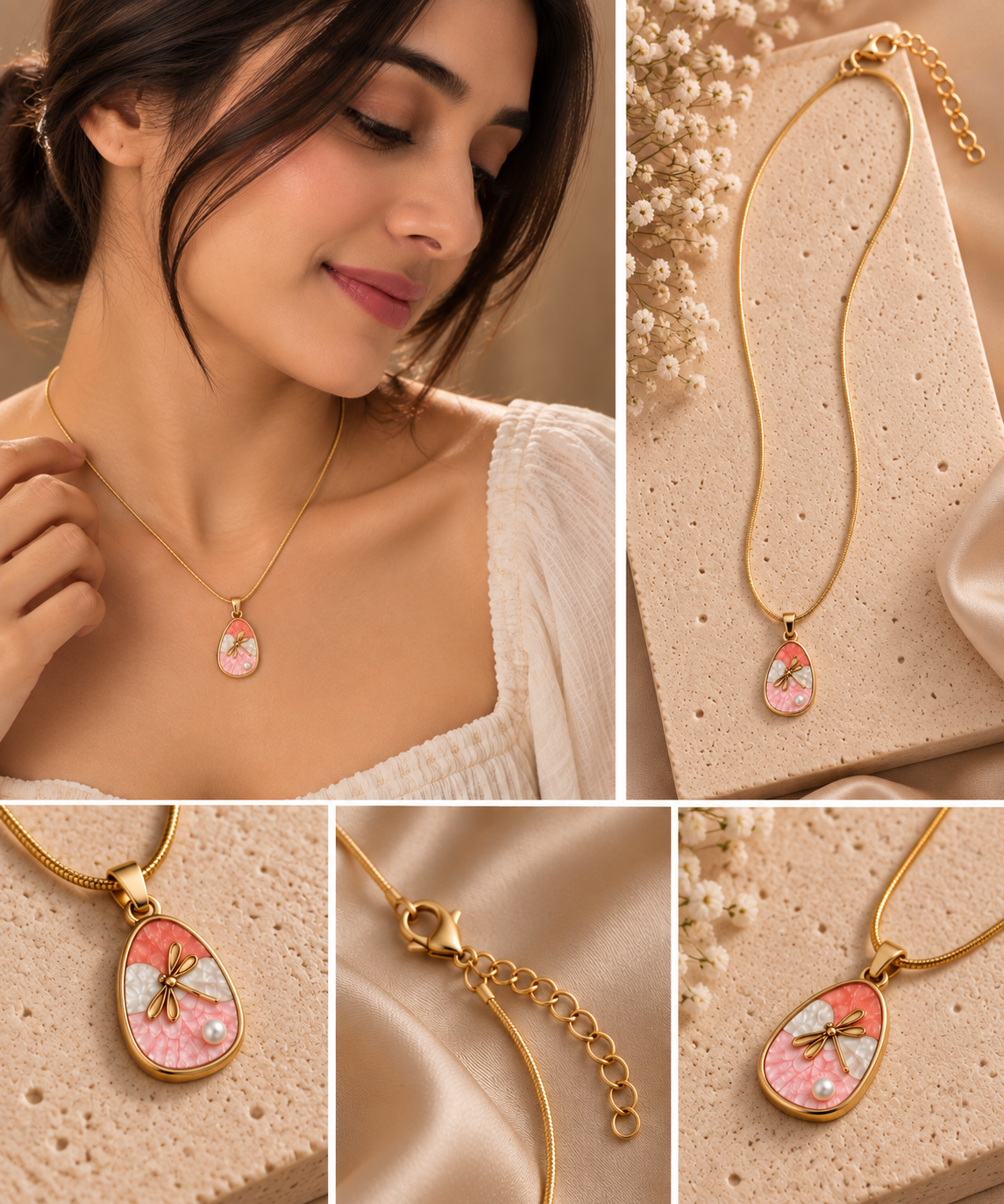 Calevia Bloom Pendant Necklace | Gold Coated Pink & Pearl | House of HNS