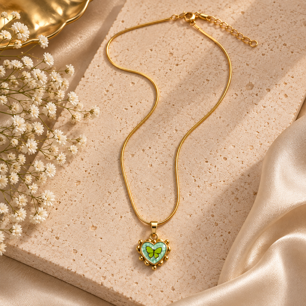 Elowen Butterfly Pendant Necklace | Gold Coated Green | House of HNS
