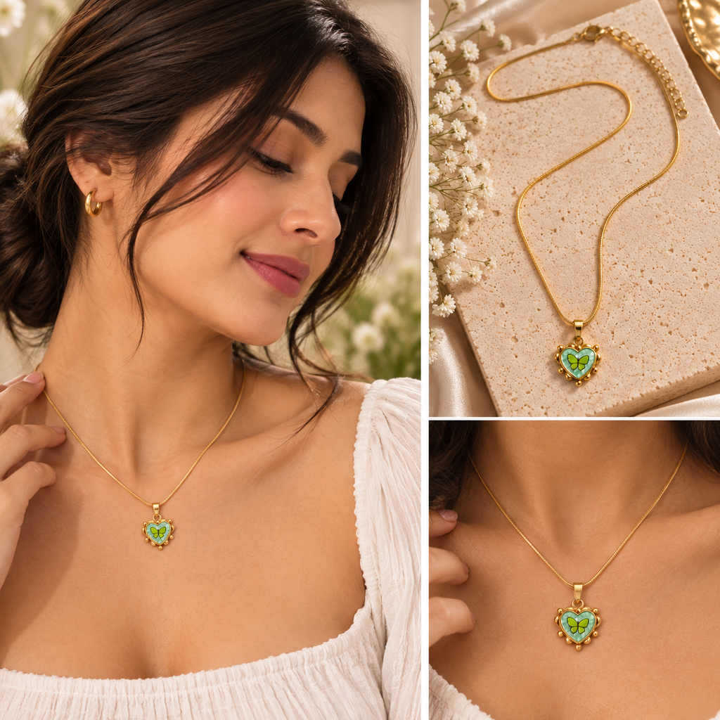 Elowen Butterfly Pendant Necklace | Gold Coated Green | House of HNS