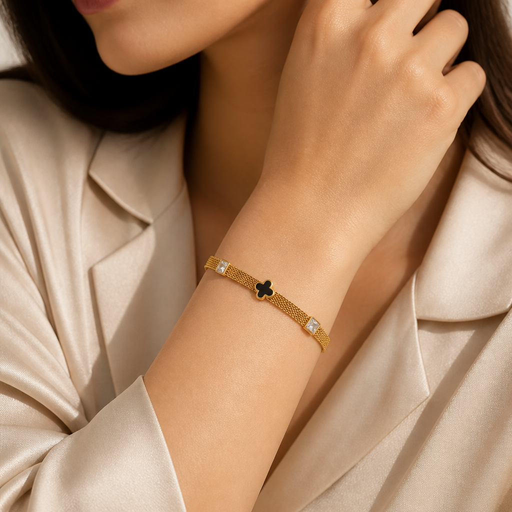 Noirelle Black Clover Gold Bracelet for Women | House of HNS