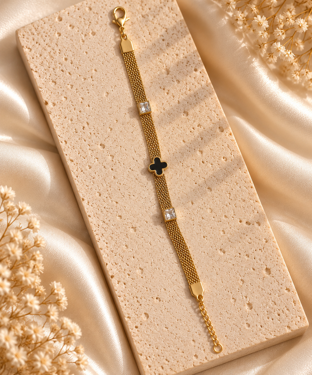 Noirelle Black Clover Gold Bracelet for Women | House of HNS