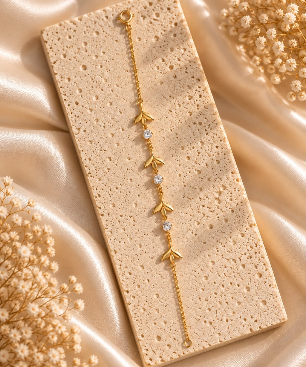 Florielle Gold Leaf Bracelet for Women | Crystal Floral Bracelet | House of HNS