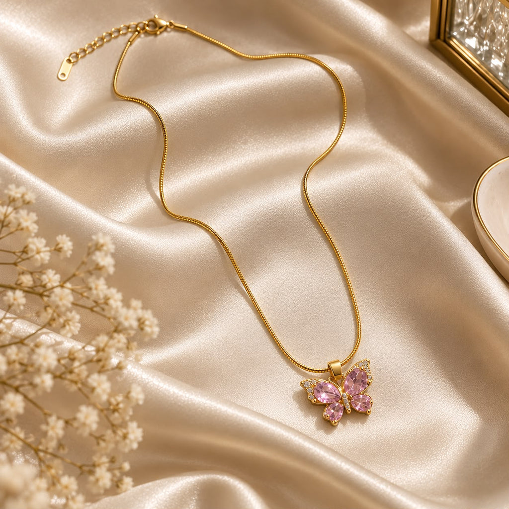 Butterelle Pink Butterfly Gold Necklace for Women | House of HNS